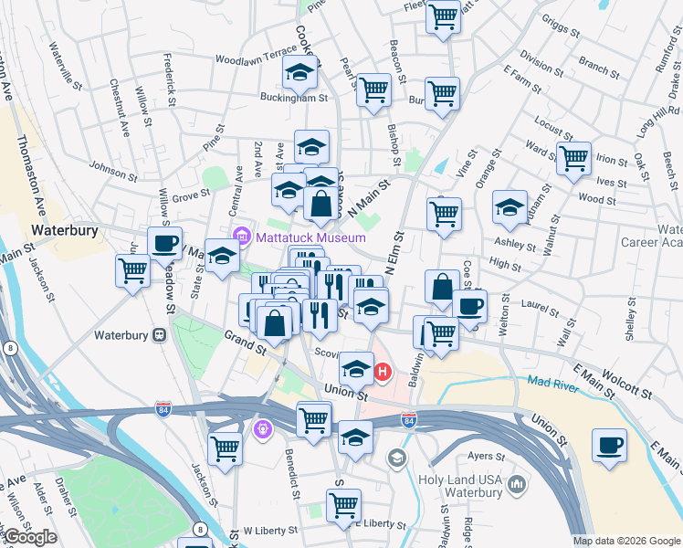 map of restaurants, bars, coffee shops, grocery stores, and more near in Waterbury