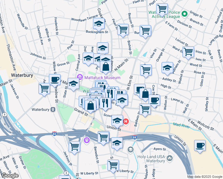 map of restaurants, bars, coffee shops, grocery stores, and more near 99E South Main Street in Waterbury