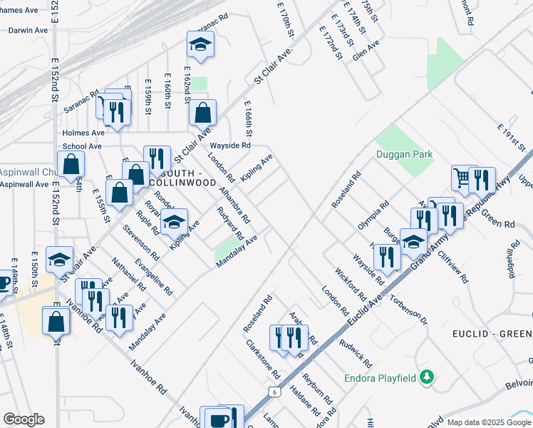 map of restaurants, bars, coffee shops, grocery stores, and more near 940 London Road in Cleveland