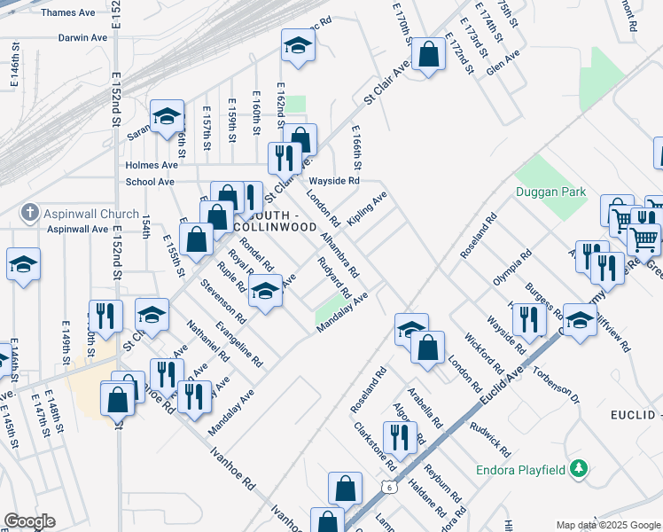 map of restaurants, bars, coffee shops, grocery stores, and more near 16316 Sanford Avenue in Cleveland