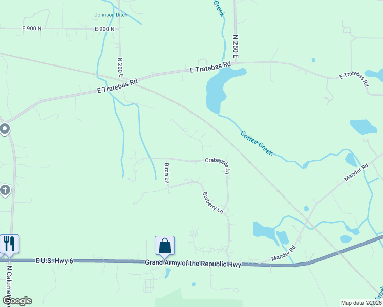 map of restaurants, bars, coffee shops, grocery stores, and more near 245-265 Crabapple Lane in Valparaiso