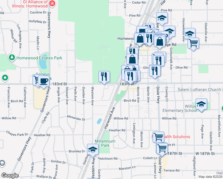 map of restaurants, bars, coffee shops, grocery stores, and more near 2301 183rd Street in Homewood