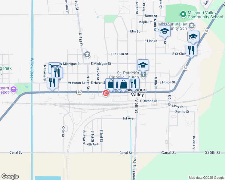 map of restaurants, bars, coffee shops, grocery stores, and more near 322 East Erie Street in Missouri Valley