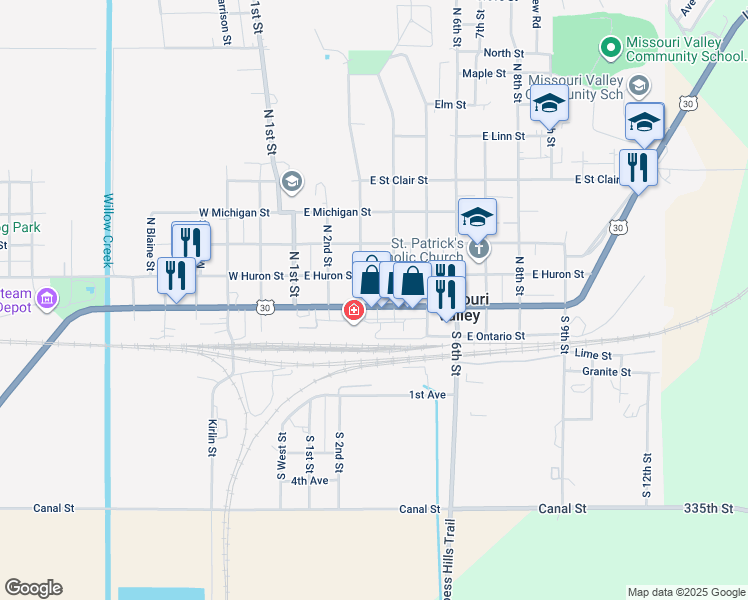 map of restaurants, bars, coffee shops, grocery stores, and more near in Missouri Valley