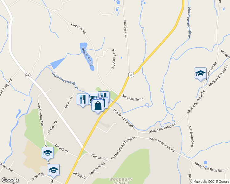 map of restaurants, bars, coffee shops, grocery stores, and more near 12 Quassuk Road in Woodbury