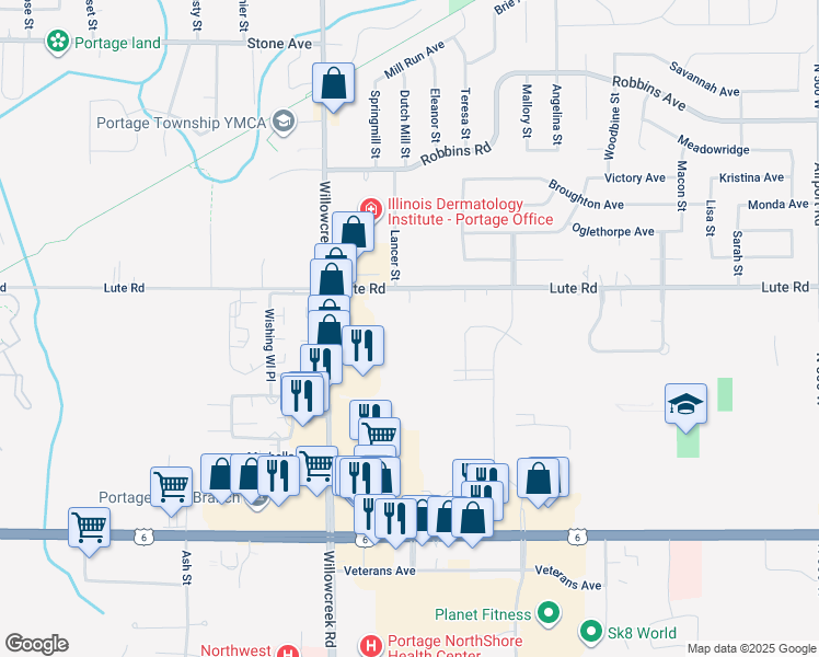 map of restaurants, bars, coffee shops, grocery stores, and more near 3300 Denise Drive in Portage