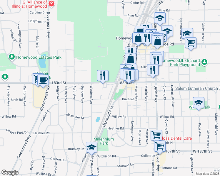 map of restaurants, bars, coffee shops, grocery stores, and more near 2301 183rd Street in Homewood
