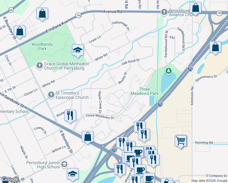map of restaurants, bars, coffee shops, grocery stores, and more near 3 Exeter Road in Perrysburg