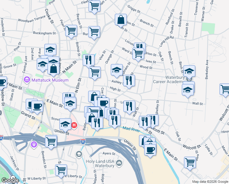 map of restaurants, bars, coffee shops, grocery stores, and more near in Waterbury