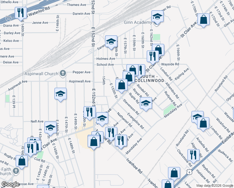 map of restaurants, bars, coffee shops, grocery stores, and more near 15419 Saint Clair Avenue in Cleveland