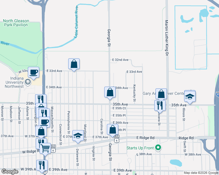 map of restaurants, bars, coffee shops, grocery stores, and more near 3400 Georgia Street in Gary