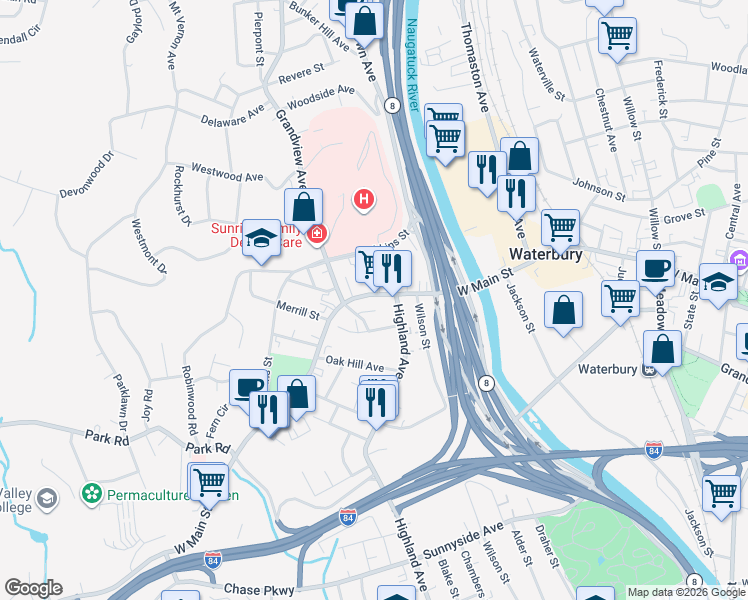 map of restaurants, bars, coffee shops, grocery stores, and more near 1021 West Main Street in Waterbury