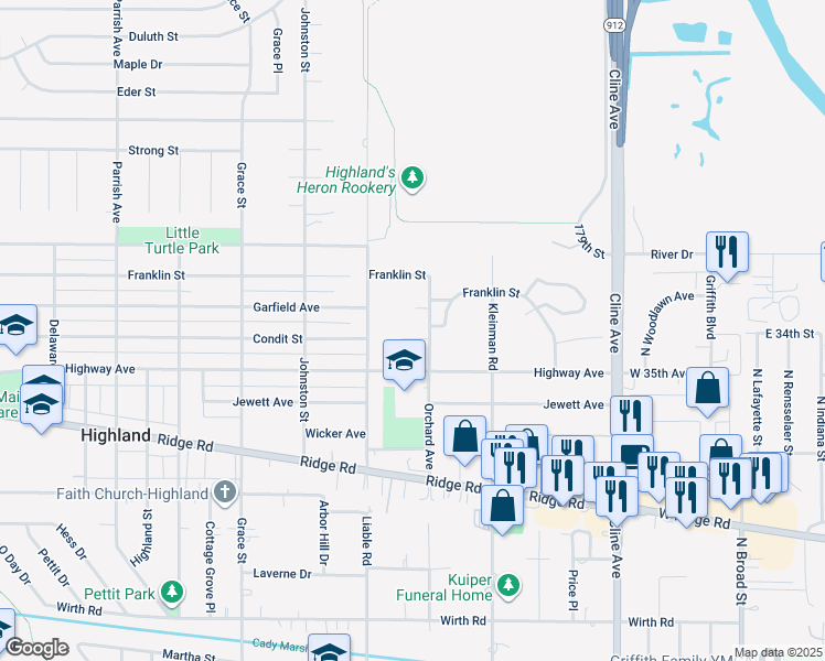 map of restaurants, bars, coffee shops, grocery stores, and more near 3639 Condit Street in Highland