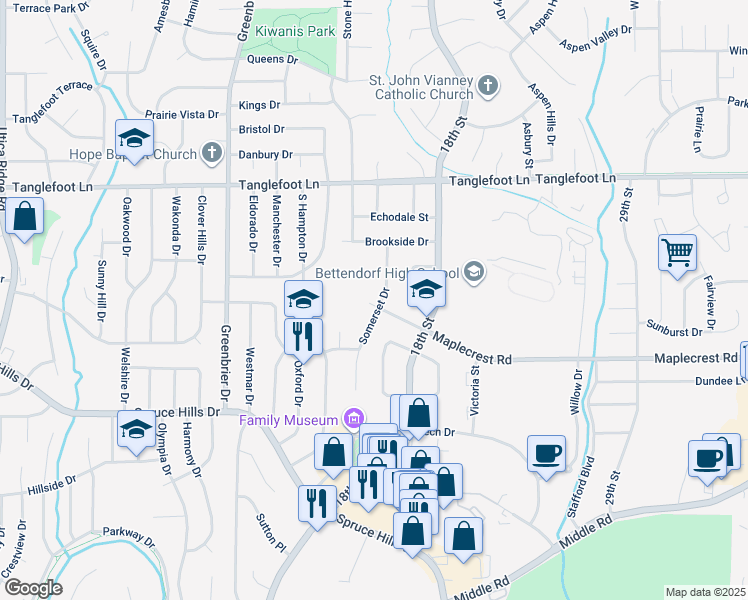 map of restaurants, bars, coffee shops, grocery stores, and more near 2130 Maplecrest Road in Bettendorf
