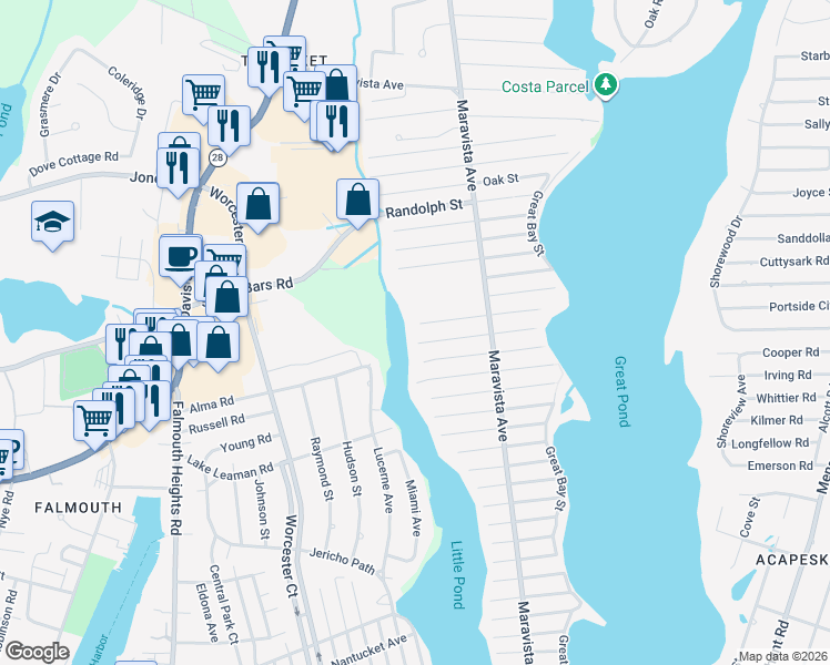 map of restaurants, bars, coffee shops, grocery stores, and more near 115 Lucerne Avenue in Falmouth