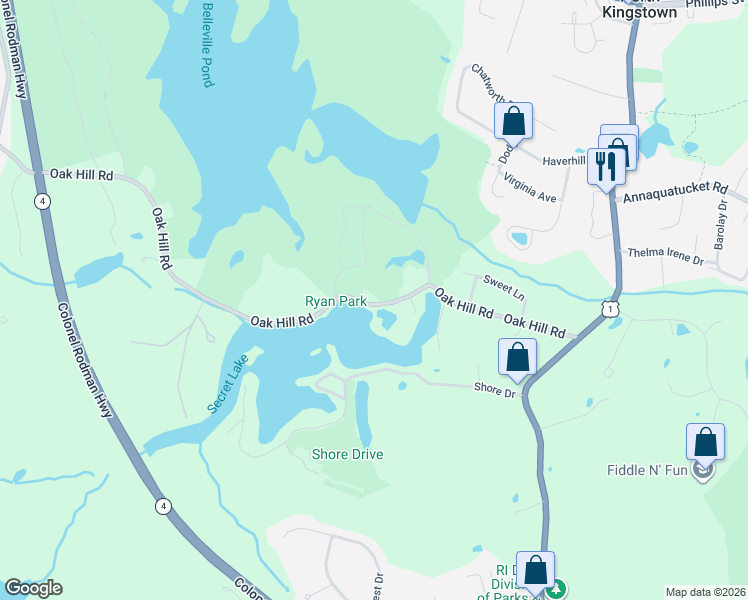map of restaurants, bars, coffee shops, grocery stores, and more near 261 Oak Hill Road in North Kingstown