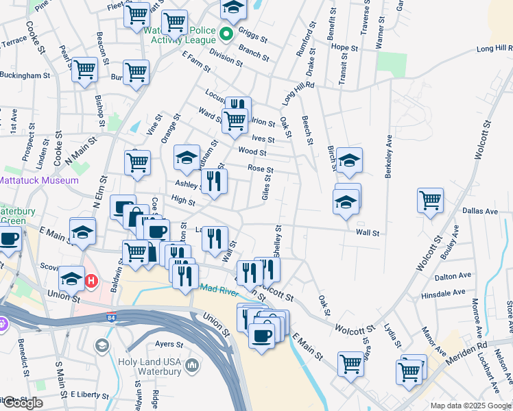 map of restaurants, bars, coffee shops, grocery stores, and more near 107 Wall Street in Waterbury