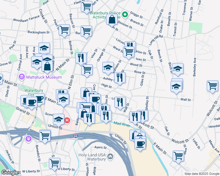 map of restaurants, bars, coffee shops, grocery stores, and more near in Waterbury