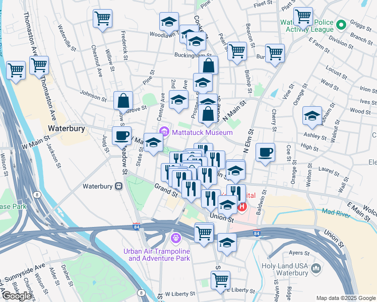 map of restaurants, bars, coffee shops, grocery stores, and more near 21 West Main Street in Waterbury