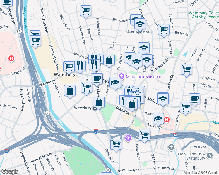 map of restaurants, bars, coffee shops, grocery stores, and more near in Waterbury
