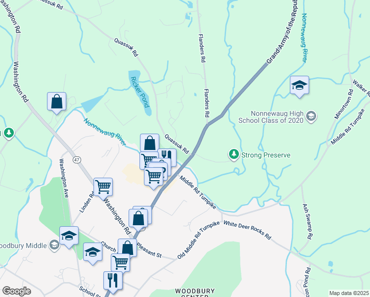 map of restaurants, bars, coffee shops, grocery stores, and more near 12 Quassuk Road in Woodbury