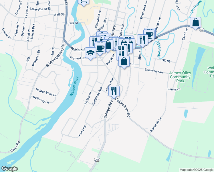 map of restaurants, bars, coffee shops, grocery stores, and more near 25 Ridge Avenue in Walden