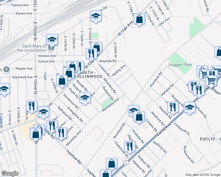 map of restaurants, bars, coffee shops, grocery stores, and more near 932 Alhambra Road in Cleveland
