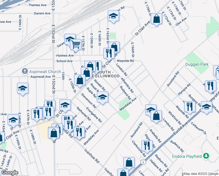 map of restaurants, bars, coffee shops, grocery stores, and more near 931 Rondel Road in Cleveland