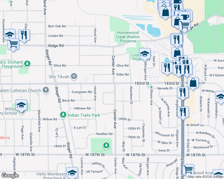 map of restaurants, bars, coffee shops, grocery stores, and more near 1215 Evergreen Road in Homewood