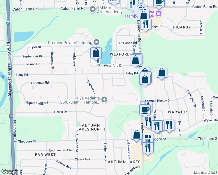 map of restaurants, bars, coffee shops, grocery stores, and more near 3357 D Hutchison Avenue in Joliet