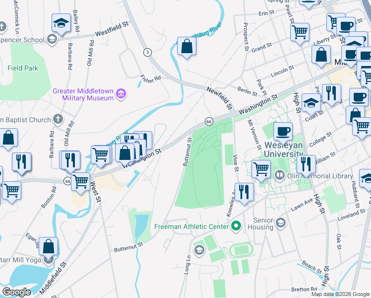 map of restaurants, bars, coffee shops, grocery stores, and more near 43 Butternut Street in Middletown