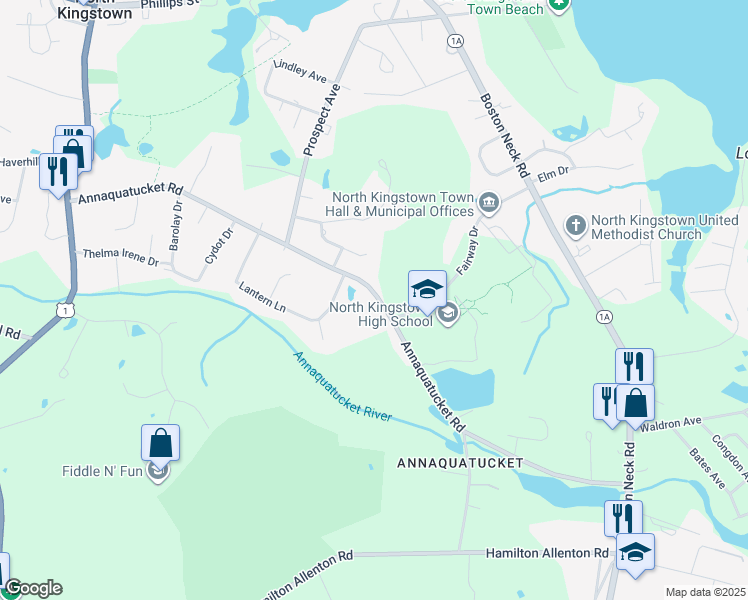 map of restaurants, bars, coffee shops, grocery stores, and more near 340 Annaquatucket Road in North Kingstown