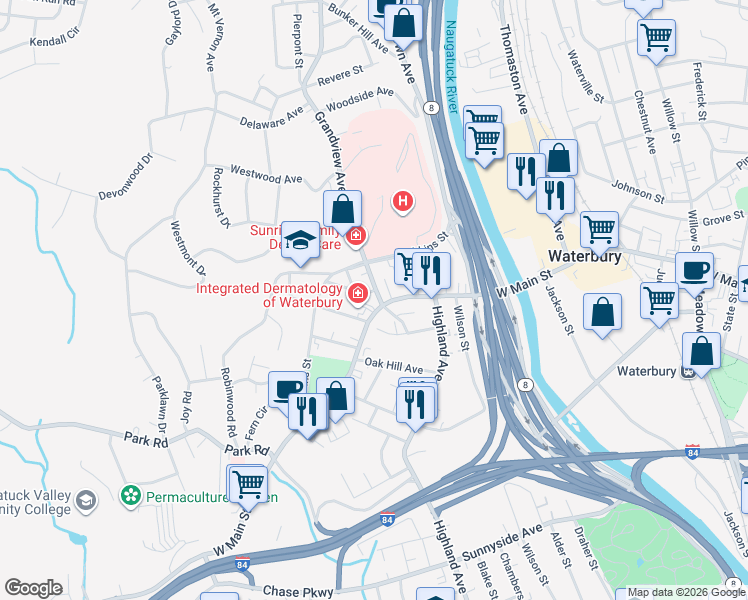 map of restaurants, bars, coffee shops, grocery stores, and more near 1083 West Main Street in Waterbury