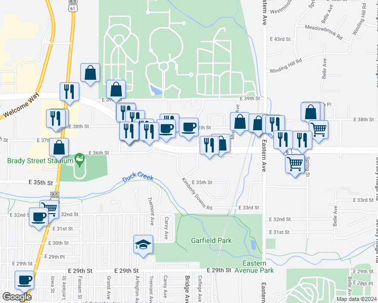 map of restaurants, bars, coffee shops, grocery stores, and more near 1153 East Kimberly Road in Davenport
