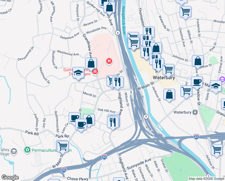 map of restaurants, bars, coffee shops, grocery stores, and more near 1019 West Main Street in Waterbury