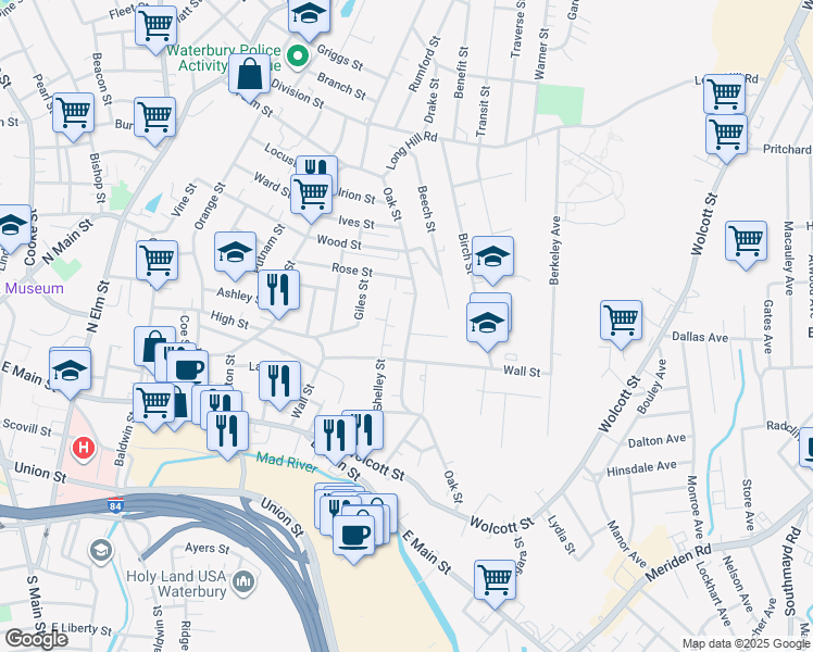 map of restaurants, bars, coffee shops, grocery stores, and more near 123 Shelley Street in Waterbury