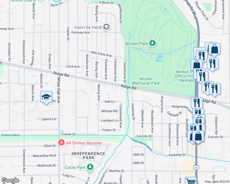 map of restaurants, bars, coffee shops, grocery stores, and more near 1854 Ridge Road in Munster