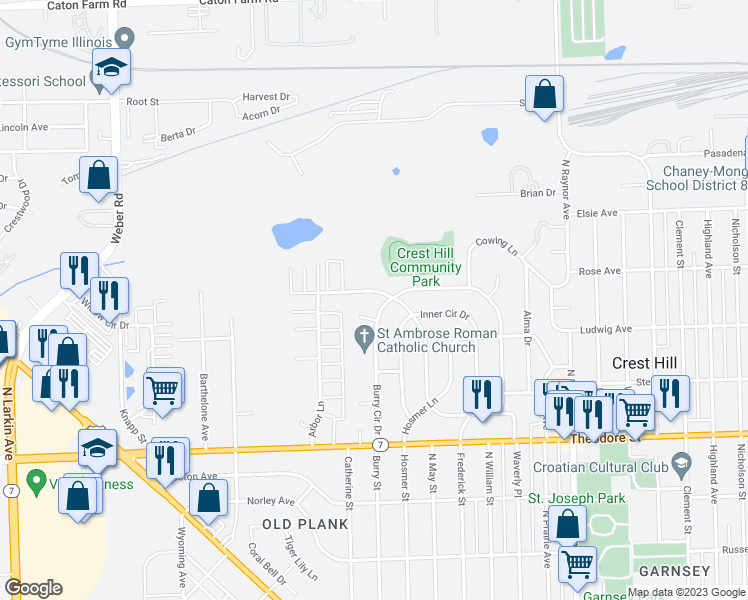 map of restaurants, bars, coffee shops, grocery stores, and more near 1851 Marlboro Lane in Crest Hill