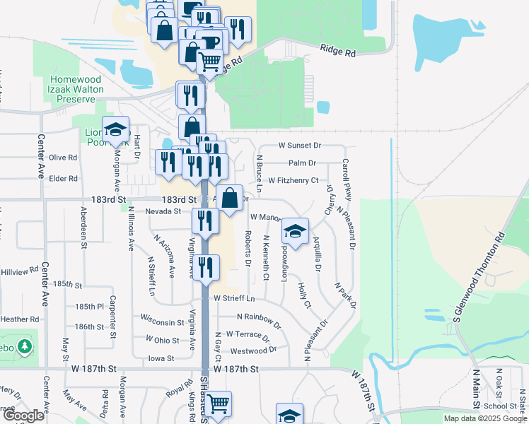 map of restaurants, bars, coffee shops, grocery stores, and more near 825 West Manor Court in Glenwood