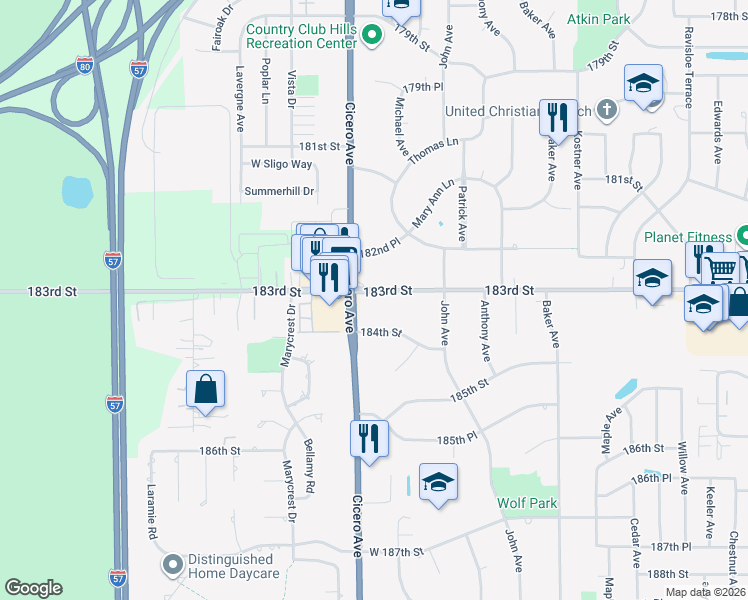 map of restaurants, bars, coffee shops, grocery stores, and more near 4741 183rd Street in Country Club Hills