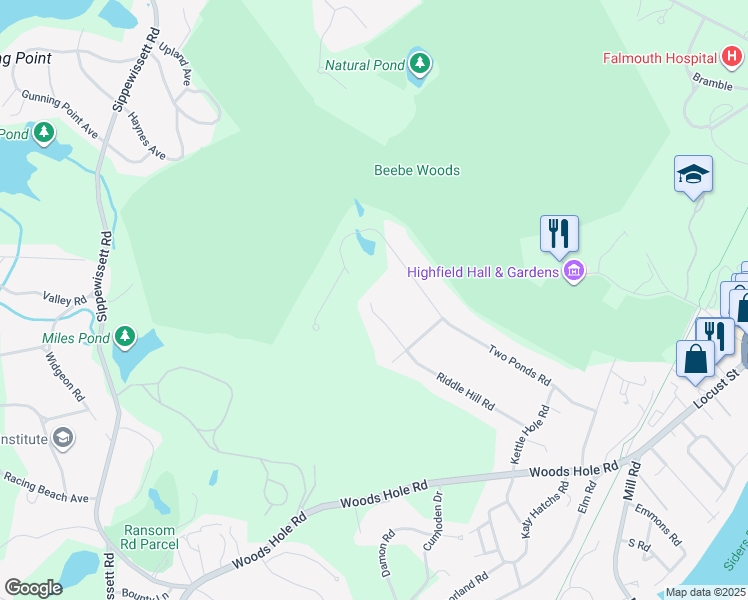 map of restaurants, bars, coffee shops, grocery stores, and more near 79 Riddle Hill Road in Falmouth