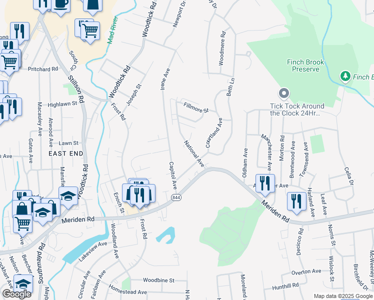 map of restaurants, bars, coffee shops, grocery stores, and more near 114 Coral Drive in Waterbury