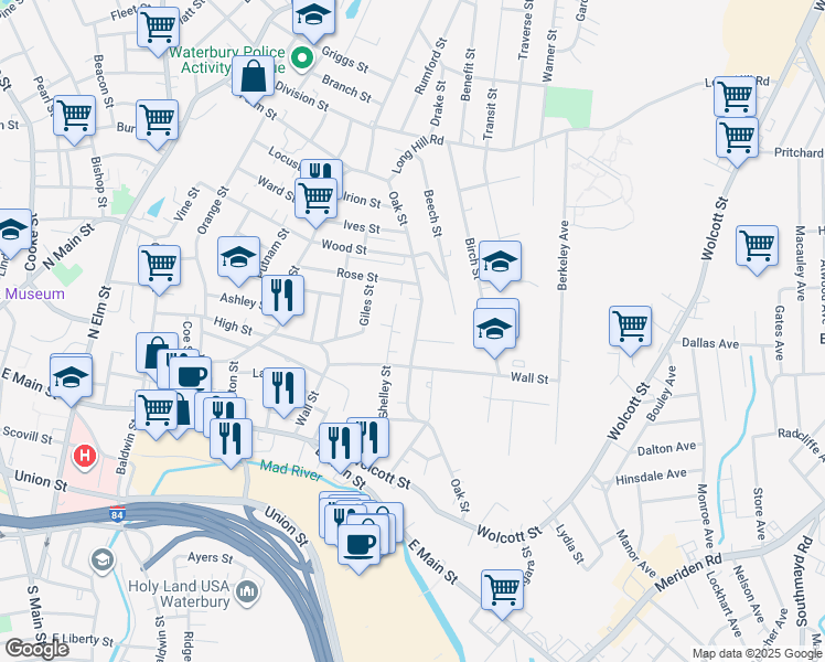 map of restaurants, bars, coffee shops, grocery stores, and more near 123 Shelley Street in Waterbury