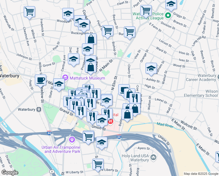 map of restaurants, bars, coffee shops, grocery stores, and more near 65 Kingsbury Street in Waterbury