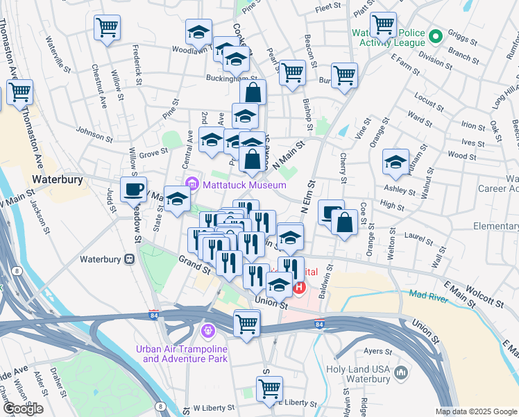 map of restaurants, bars, coffee shops, grocery stores, and more near 32 North Main Street in Waterbury