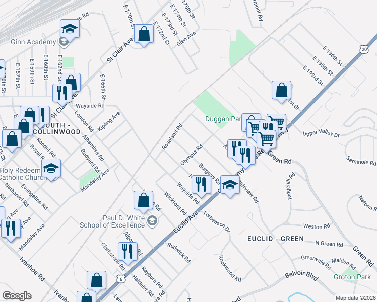 map of restaurants, bars, coffee shops, grocery stores, and more near 1668 Cliffview Road in Cleveland