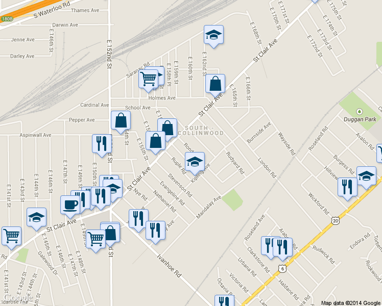 map of restaurants, bars, coffee shops, grocery stores, and more near 824 Whitcomb Road in Cleveland