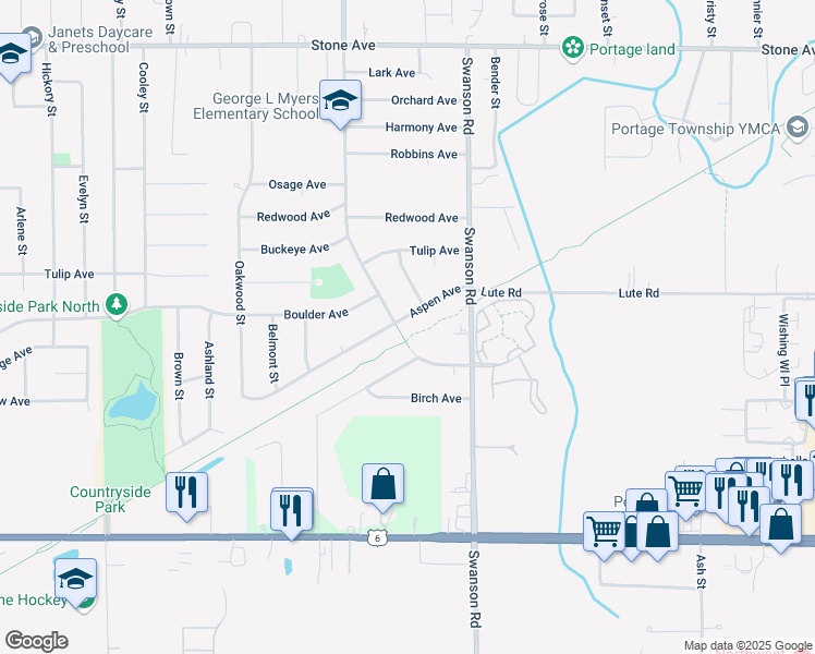 map of restaurants, bars, coffee shops, grocery stores, and more near 5560 Aspen Avenue in Portage