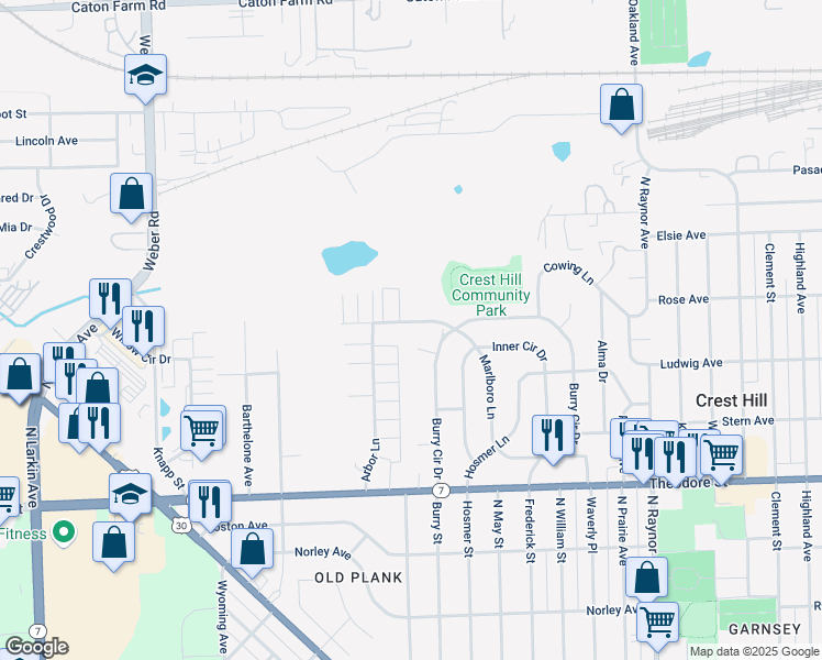 map of restaurants, bars, coffee shops, grocery stores, and more near 1902 Arbor Lane in Crest Hill