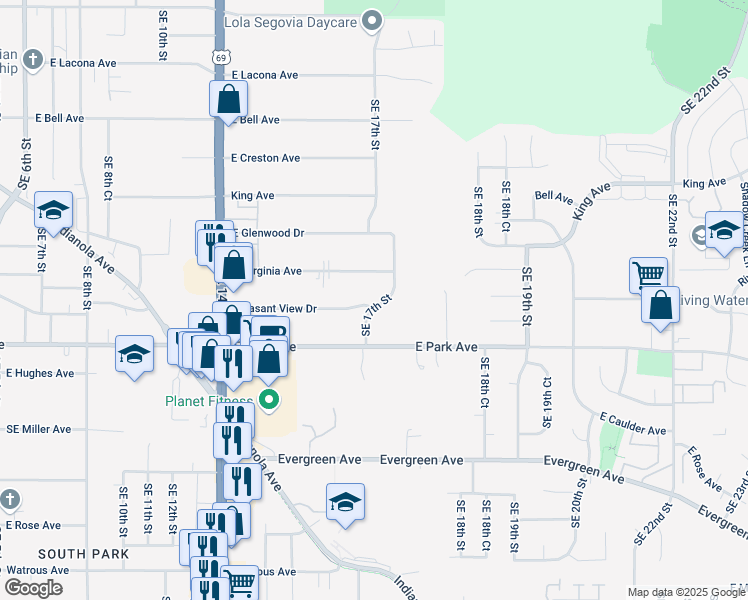 map of restaurants, bars, coffee shops, grocery stores, and more near 1615 East Virginia Avenue in Des Moines
